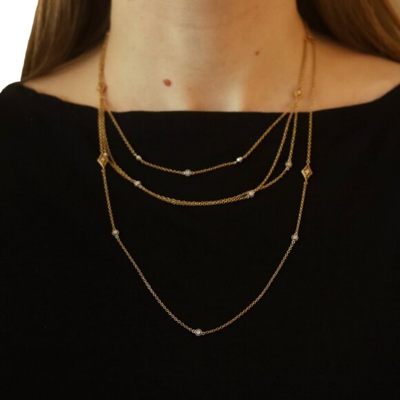 Yellow Gold Diamond Multistrand Necklace - 14k Round .12ctw Station Adjustable - Picture 2 of 6